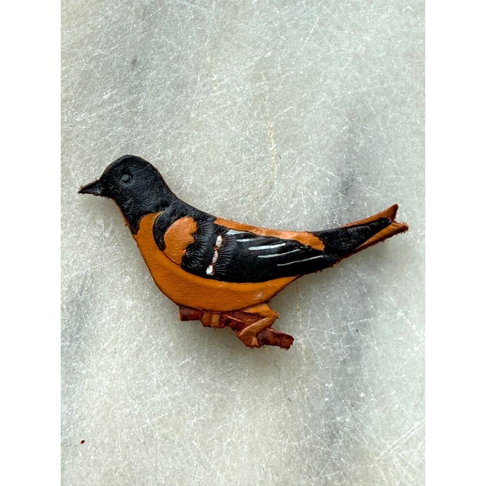 Vintage Leather Bird Brooch Pin Handmade Painted